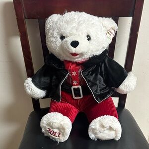 Festive White‎ Teddy Bear in Black Jacket and Red Outfit 19 in